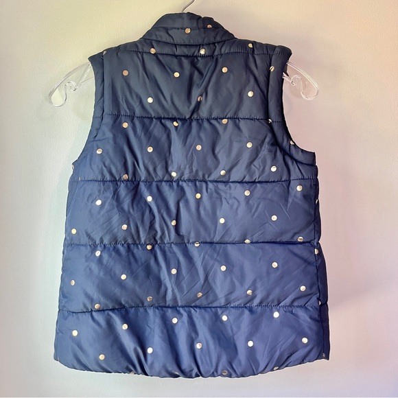 Mini Boden Navy Puffer Vest with Gold Polka Dots Faux Fur Lined - Picture 7 of 8